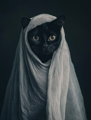 Black cat dressed as ghost, Halloween wallpaper background