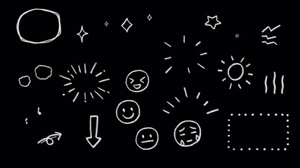 Cute doodle icons, wiggle animation stickers: Aura, stars, sparkles, sunray, music notes, emoticon happy face, smile, sad, meh, cloud, frame, rough pencil crayon on a transparent background