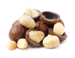 Macadamia nuts with shells isolated on white