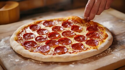 Pizza maker makes pizza with pepperoni.