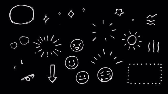 Cute doodle icons, wiggle animation stickers: Aura, stars, sparkles, sunray, music notes, emoticon happy face, smile, sad, meh, cloud, frame, rough pencil crayon on a transparent background