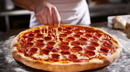 Pizza maker makes pizza with pepperoni.