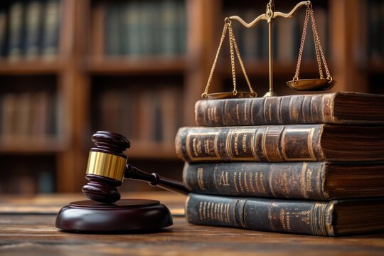 Gavel, scales of justice and old law books on wooden table.