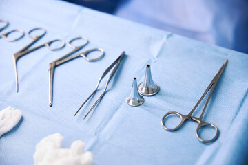 Fototapeta premium Special instruments are laid out on a table for surgical instruments