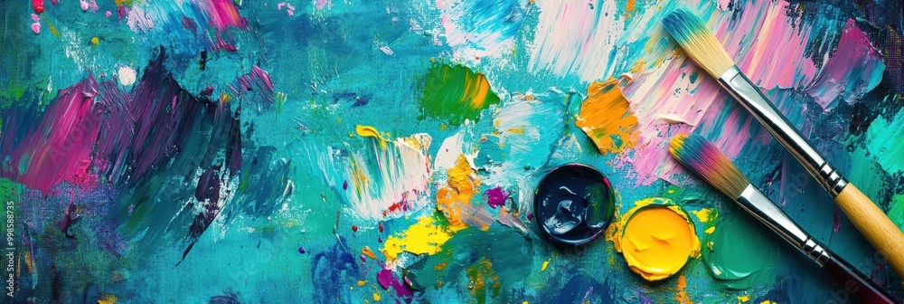 Poster bright paint splashes and two brushes rest on a canvas, showcasing an artist's creative process fill