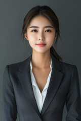 
Close-up of an Asian woman in a business blazer, posing for a formal job application photo. 