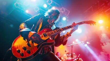 Obraz premium Guitarist on stage and sings in a concert for background, soft and blur concept