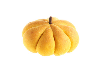 One tasty pumpkin shaped bun isolated on white