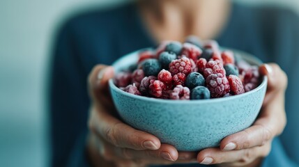 A person holding a bowl filled with a mix of frozen berries, including raspberries and blueberries,...