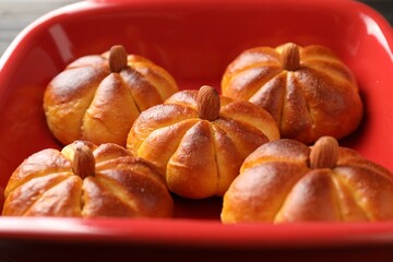 Tasty pumpkin shaped buns in baking tray, closeup