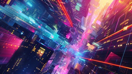 Obraz premium Vibrant abstract neon geometric structures in cyberspace capturing futuristic digital art themes