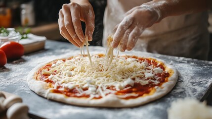Close-up of a woman spreading cheese on pizza at a gray table