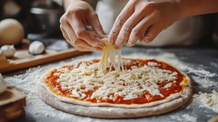 Close-up of a woman spreading cheese on pizza at a gray table