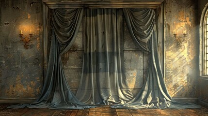 A vintage room with curtains drawn back to reveal a damaged wall and a window.