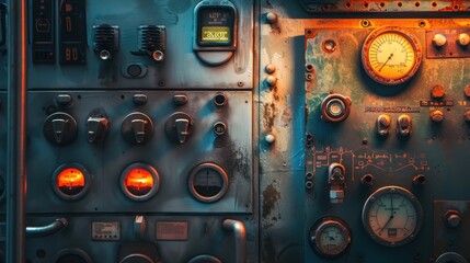 Industrial banner with control panel close-up, buttons and dials, gradient background