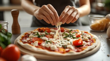 Close-up of a woman spreading cheese on pizza at a gray table