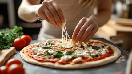 Close-up of a woman spreading cheese on pizza at a gray table