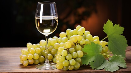 A wine glass with white wine and a bunch of grapes