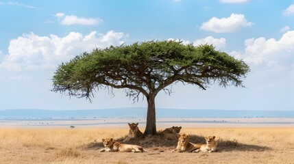Fototapeta premium Pride of Lions Resting Under Solitary Tree in Vast Dry Landscape