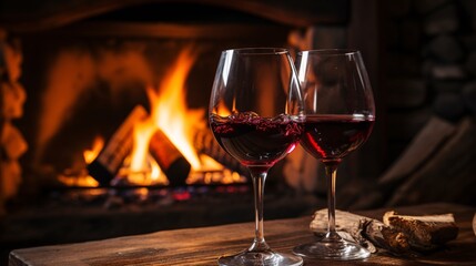 A wine glass with red wine against a fireplace