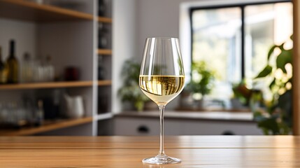 A wine glass with white wine in a modern kitchen