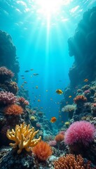 Obraz premium Vibrant Coral Reef Teeming with Colorful Tropical Fish Under Shimmering Sunbeams