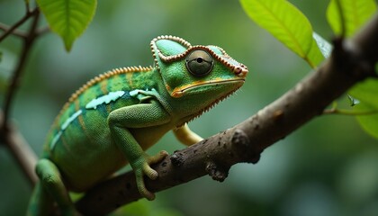 Vibrant Green Chameleon with Curious Expression Perched on Branch in Tropical Setting