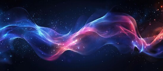 Fototapeta premium Abstract wave of light and energy, pink and blue with sparkling particles on dark background.