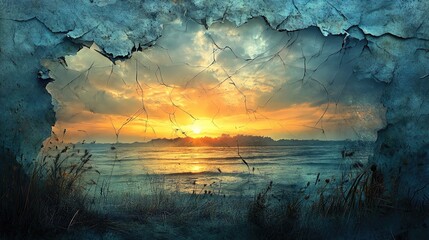 A stunning sunset over the ocean, viewed through a cracked wall. The vibrant colors of the sky reflect on the water's surface, creating a serene atmosphere.