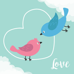 Blue pink birds sitting on heart and flying. Bird in love set. Happy Valentines day. Cute cartoon kawaii funny baby character. Childish style. Flat design. White cloud. Blue sky background. Vector