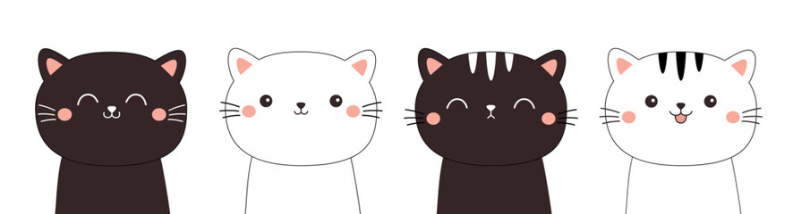 Black white cat face head line contour silhouette icon set. Cute cartoon funny character. Funny kawaii smiling sad doodle animal. Pink blush cheeks. Pet collection. Flat design. Baby background Vector