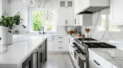 Interior design banner with modern kitchen, white cabinets, marble countertop, soft background
