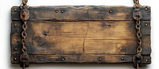 Rustic wooden sign with chains hanging from a white background.