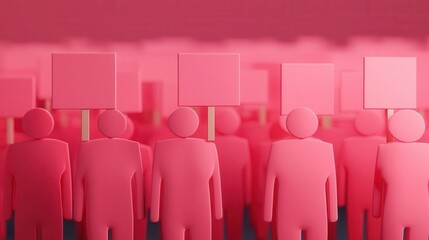 Breast cancer awareness parade, people marching with signs, 3D illustration