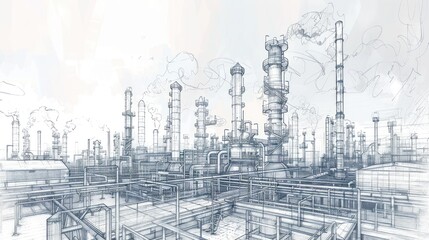 Fototapeta premium Line drawing depicting an industrial landscape featuring an oil refinery plant, representing the oil industry, with the sky depicted in a separate layer.
