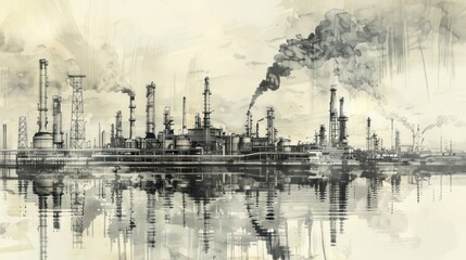 Line drawing depicting an industrial landscape featuring an oil refinery plant, representing the oil industry, with the sky depicted in a separate layer.