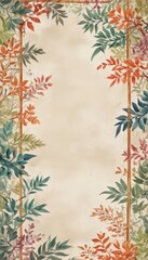 A vibrant floral border frames a blank space in the center, with leaves in shades of green, orange, and red surrounding the empty space