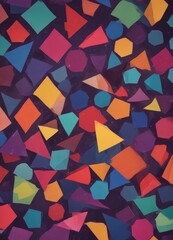 a vibrant mosaic of various geometric shapes in a variety of colors, including red, blue, green, yellow, and orange, against a dark background