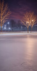 A serene winter scene unfolds at a frozen lake, with bare trees adorned with twinkling lights casting a warm glow against a deep purple sky