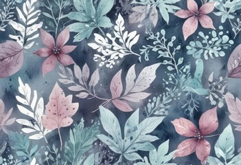 a repeating pattern of pink flowers and green leaves against a dark blue background