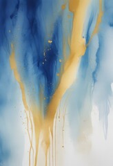 an abstract painting featuring a blue and gold color scheme, with splashes of yellow and orange paint creating a dynamic and expressive composition