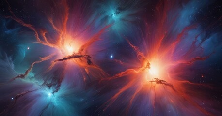 a vibrant cosmic scene featuring a swirling nebula with a mix of orange, blue, and purple hues, accompanied by a bright star at its center