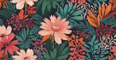 a vibrant, tropical floral pattern with a variety of pink, orange, and green flowers and leaves against a dark background