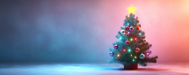 Christmas banner with 3d Christmas tree with colorful lighting decorations. A star on the christmas tree. Use for sale banner, greeting card, Christmas background