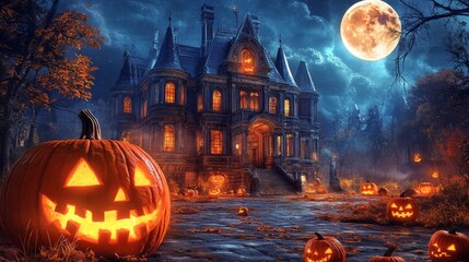 Haunted Victorian mansion on Halloween night, full moon, jack-o'-lanterns 