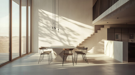 A minimalist dining setup featuring a polygon-shaped dining table with simple chairs, placed in an open space with soft natural lighting