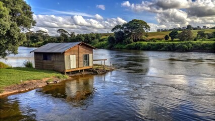 Naklejka premium Peaceful lakeside boathouse reflecting on calm water under a cloudy sky.