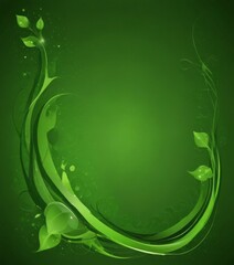 a vibrant, abstract green background with a central, curved line that appears to be a plant or vine Surrounding this central line are smaller, curving lines that create a