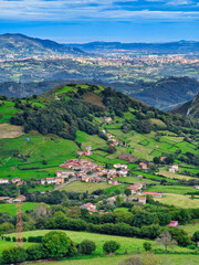 Aerial view of Peñerudes village, Morcin municipality, Asturias, Spain