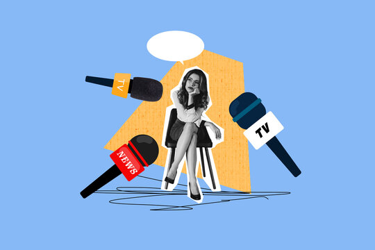 Composite photo collage of bored businesswoman sit chair interview broadcasting mic device news tv podcast isolated on painted background - Powered by Adobe